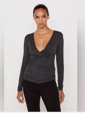 Frame Denim Charcoal Twist-Frontb Ruched V-Neck Long Sleeve Top Small